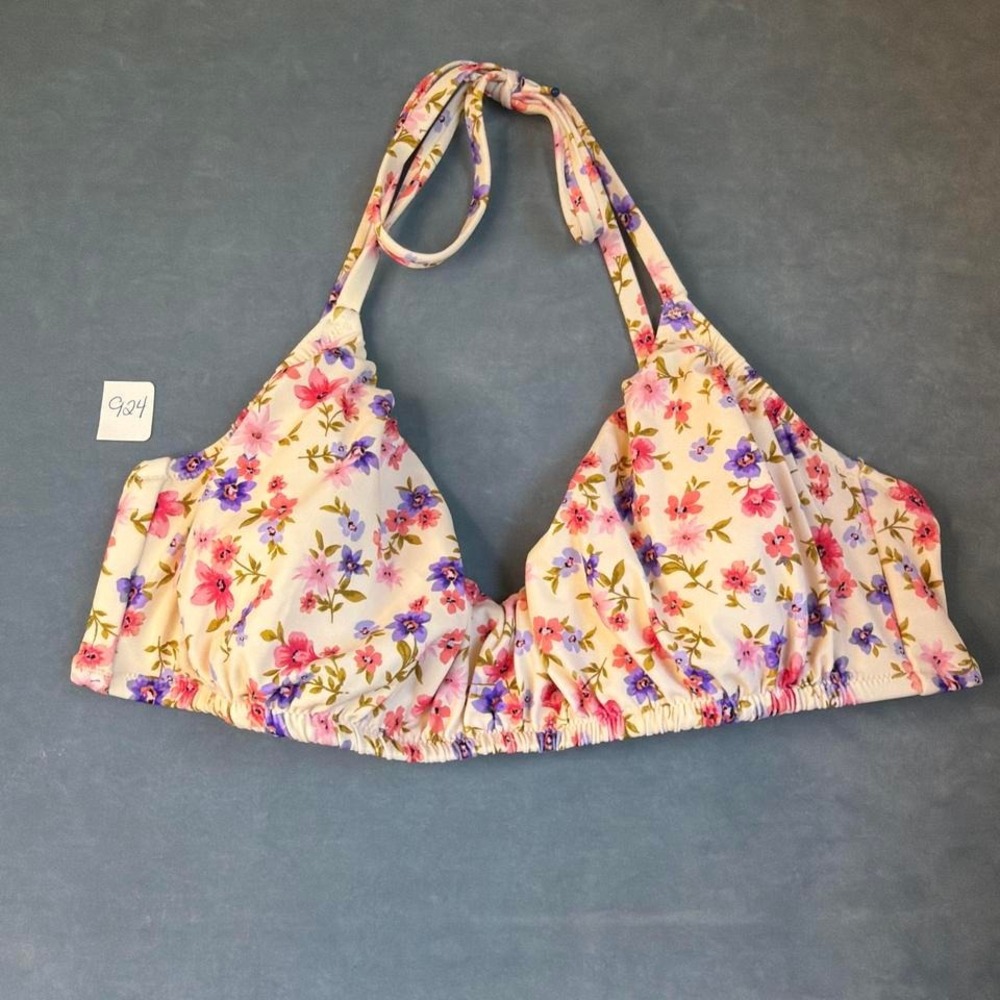 Shade & Shore Cream Halter Bikini Top with Pink & Purple Floral Print